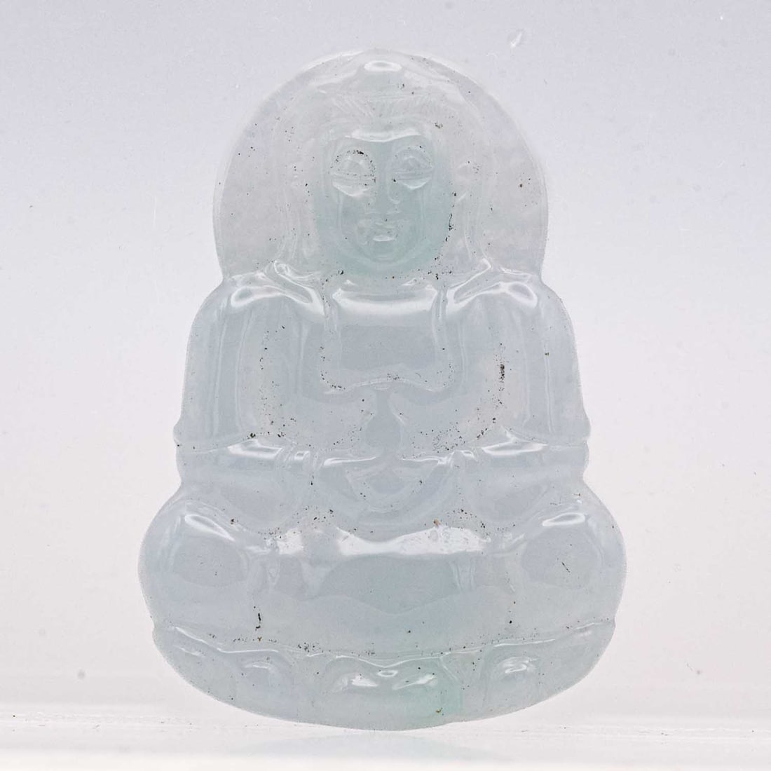 Chinese Carved Natural Icy Pale Green Jadeite Guanyin Pendant: Medium: Natural Icy Pale Green Jadeite Size: 2x1.5x0.3 inches Age/Detail: Chinese Carved Condition: great overall, check photo for condition reference. Provenance: Please view all the photos as they