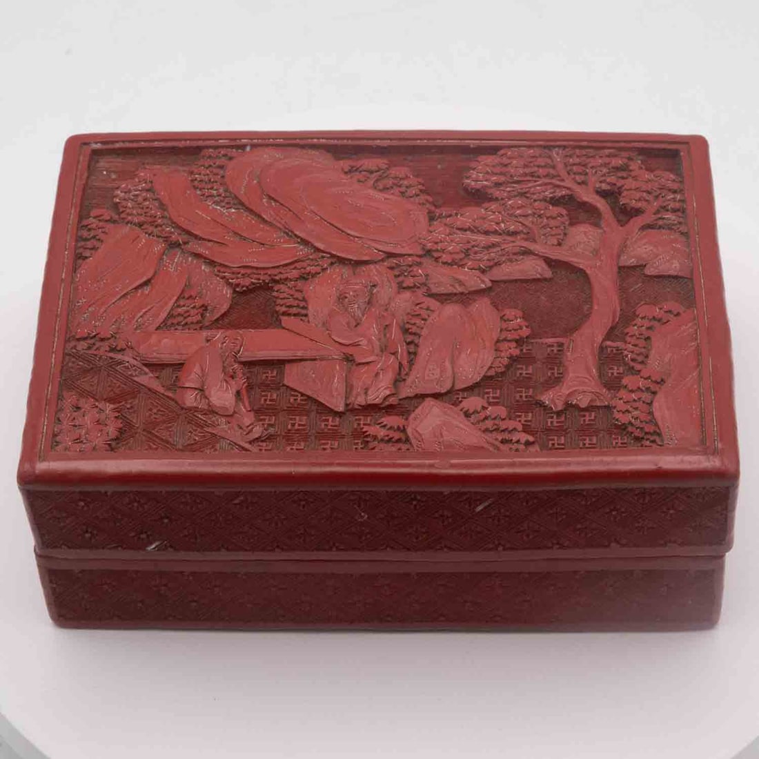 Antique Qing Chinese Carved Cinnabar Lacquer Scholar Box: Medium: Cinnabar LacquerSize: 6x4x2.3 inchesAge/Detail: Antique Qing Chinese CarvedCondition: great overall, check photo for condition reference.Age-related wear throughout. Substantial chip/loss to o