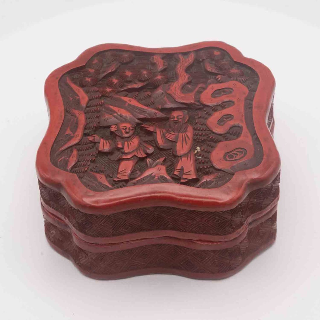 Antique Qing Chinese Carved Cinnabar Lacquer Figural Lobed Box: Medium: Cinnabar LacquerSize: 3.5x3.5x1.7 inchesAge/Detail: Antique Qing Chinese CarvedCondition: great overall, check photo for condition reference.Provenance:Please view all the photos as they are p