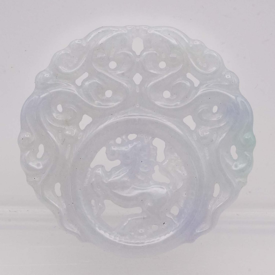 Chinese Carved Natural Lavender Jadeite Openwork Pendant: Medium: Natural Lavender JadeiteSize: 2x2x0.2 inchesAge/Detail: Chinese CarvedCondition: great overall, check photo for condition reference.Provenance:Please view all the photos as they are part of