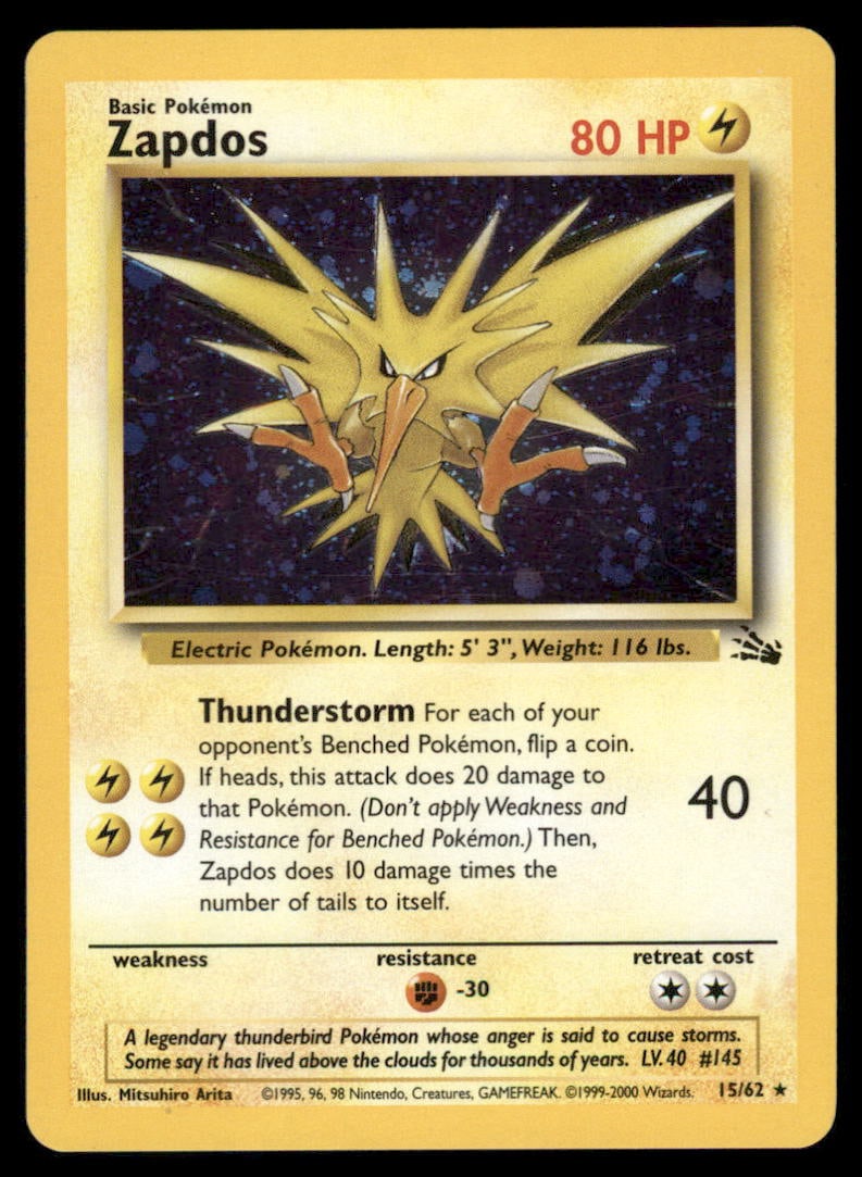 Zapdos 15/62 Fossil Pokemon Card Unlimited Holo: Please Note: Pick up is by appointment only. All items are sold as is and all sales are final. Please refer to the photos for condition, a lack of description does not indicate that a card is in perfe
