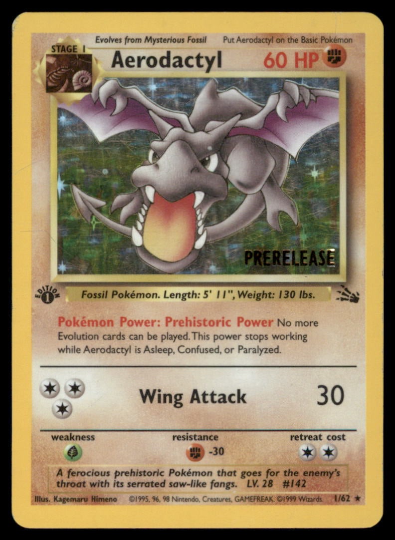 Aerodactyl 1st Ed. (Prerelease) 01/62 Holo Pokemon Card: Please Note: Pick up is by appointment only. All items are sold as is and all sales are final. Please refer to the photos for condition, a lack of description does not indicate that a card is in perfe