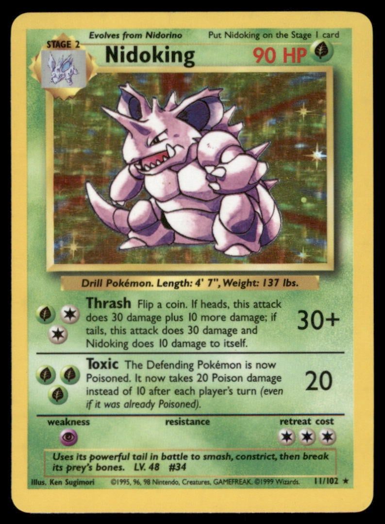 Nidoking 11/102 Holo Base Set Unlimited Pokemon Card: Please Note: Pick up is by appointment only. All items are sold as is and all sales are final. Please refer to the photos for condition, a lack of description does not indicate that a card is in perfe