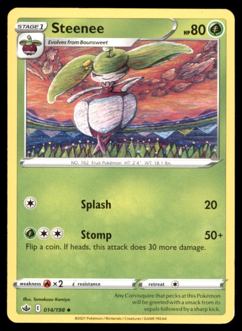 Steenee 014/198 Chilling Reign Pokemon Card: Please Note: Pick up is by appointment only. All items are sold as is and all sales are final. Please refer to the photos for condition, a lack of description does not indicate that a card is in