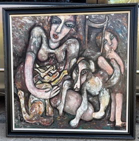Woman & Child With Dog & Cat - Oil Painting On Canvas - Signed Luford 88"
