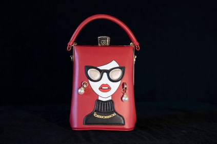 Funky Novelty Red Faux Leather Handbag with Woman's Face