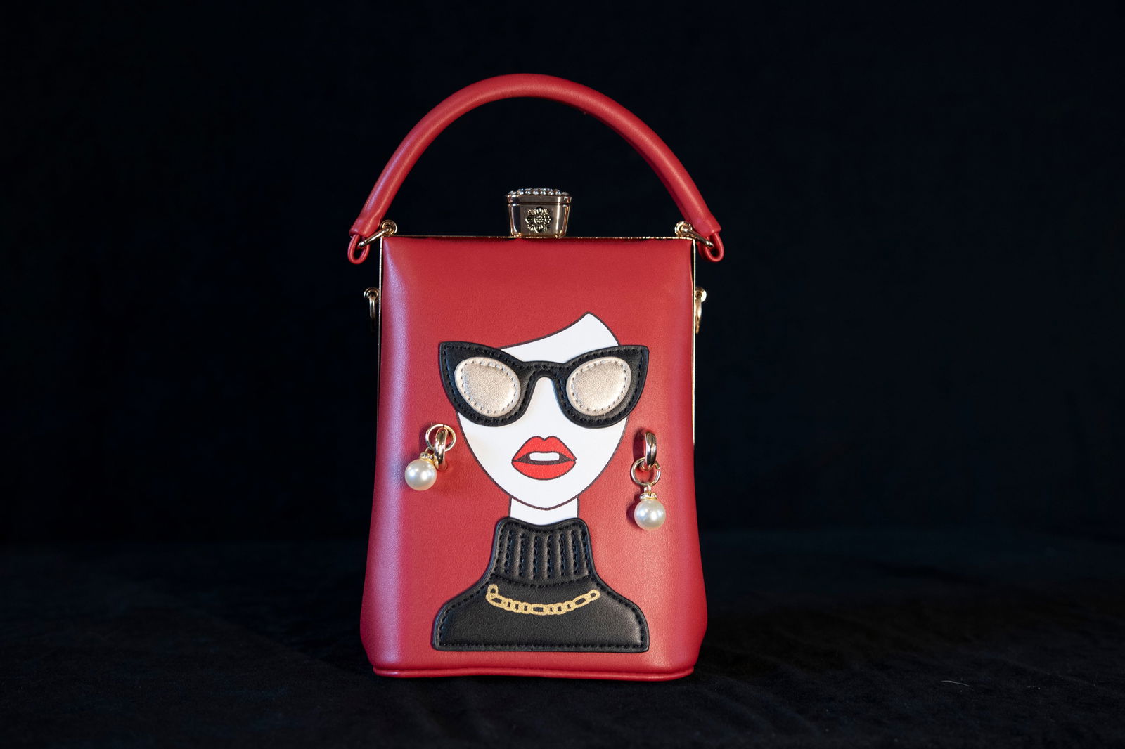 Funky Novelty Red Faux Leather Handbag with Woman's Face
