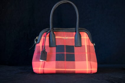 Kate Spade New York Red Canvas Fabric Handbag with Black Handle and Shoulder Strap