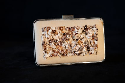 Sondra Roberts Beige Linen Clutch with Oyster Shell Fragment Adornments