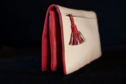 Bottega Veneta Italian Cream and Red Leather Clutch with Leather Tassel Zipper