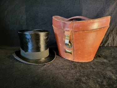Antique Knox Black Silk Top Hat with Leather Travel Case