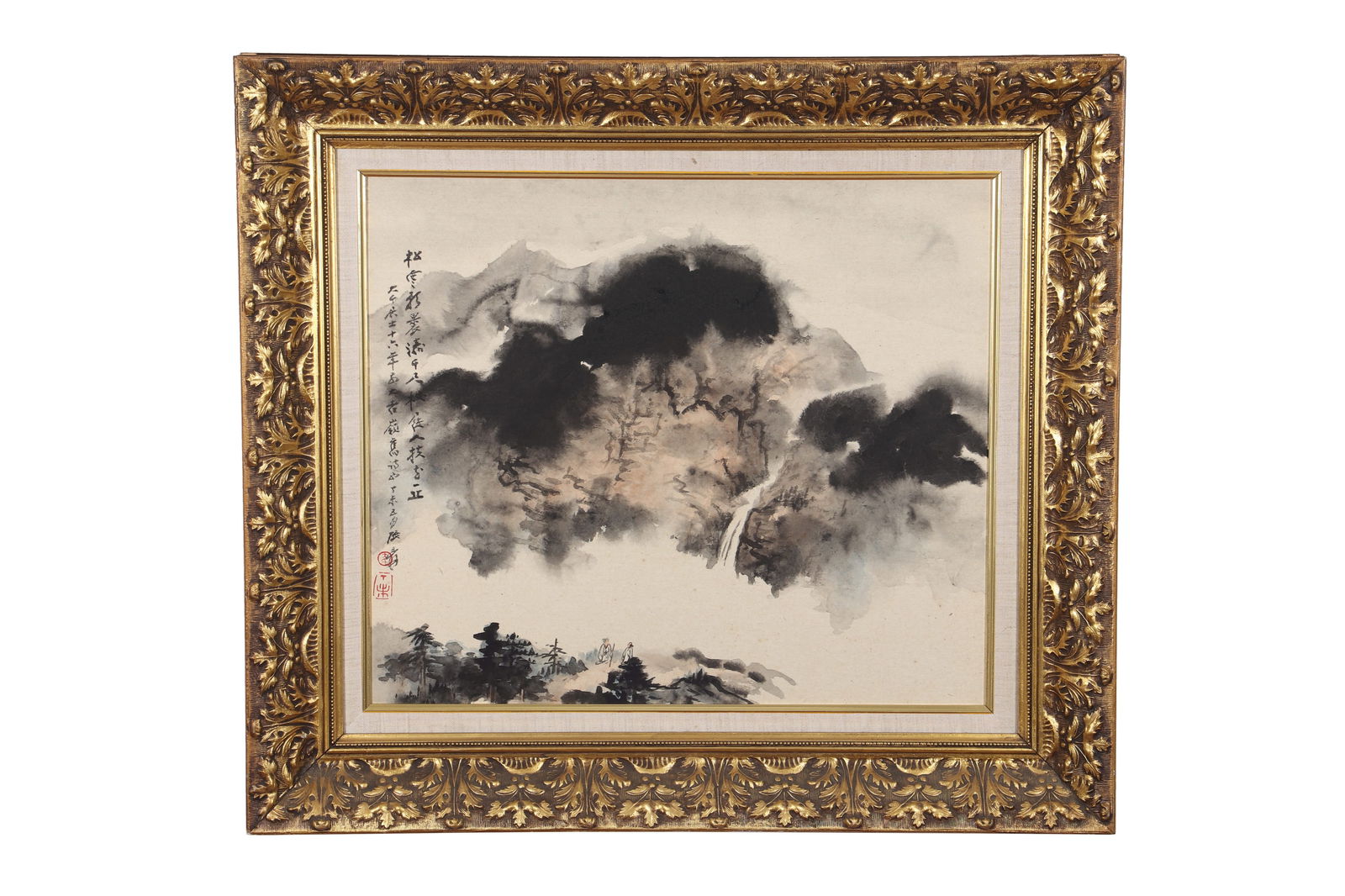 A Landscape Painting, Signed by Zhang Daqian: A landscape painting, Signed by Zhang Daqian, featuring two seals, Drawing landscapes and figures on paper with ink and color. Equipped with magnificent picture frames. The back of the frame has an in