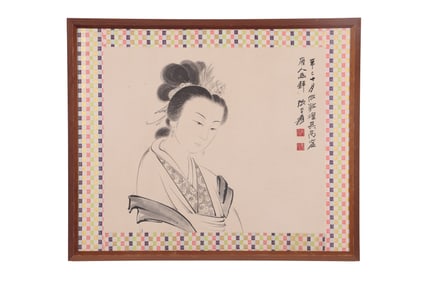 A Line Drawing Painting of a Lady, Signed by Zhang Daqian