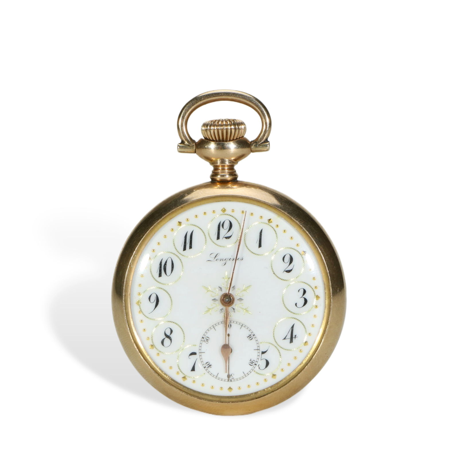 A Longines Gold Inlaid Pocket Watch: A Longines gold inlaid pocket watch. The back of the pocket watch is engraved with patterns, and the back cover can be opened to see the internal machinery. D: 5cm W: 1.4cm