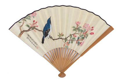 A Chinese Folding Fan, Signed by Shang Shengbo, Written in calligraphy by Wang Fu'an