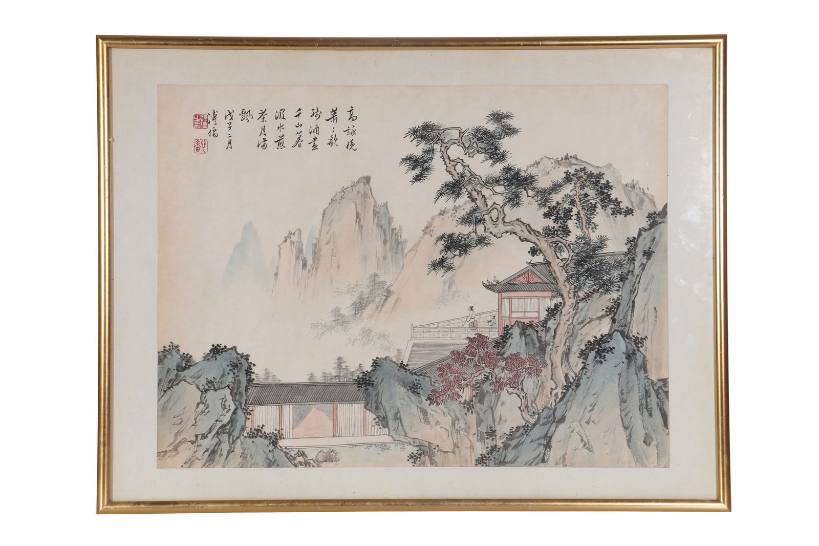 A Chinese Landscape Painting, Signed by Pu Ru: A Chinese landscape painting, signed by Pu Ru, featuring two seals. Drawing landscapes and pavilions on paper in color, with metal framed picture frame. H: 37.5cm W: 50.5cm (painting)