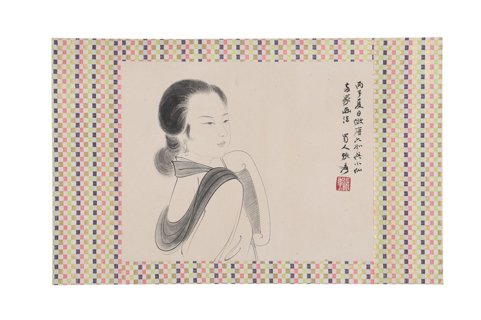 A Line Drawing Painting of a Lady, Signed by Zhang Daqian: A line drawing painting of a lady, signed by Zhang Daqian, featuring a seal. Drawing a portrait of an ancient Chinese woman on paper with black lines. Mounted in the form of mirror centers. H: 29cm W: