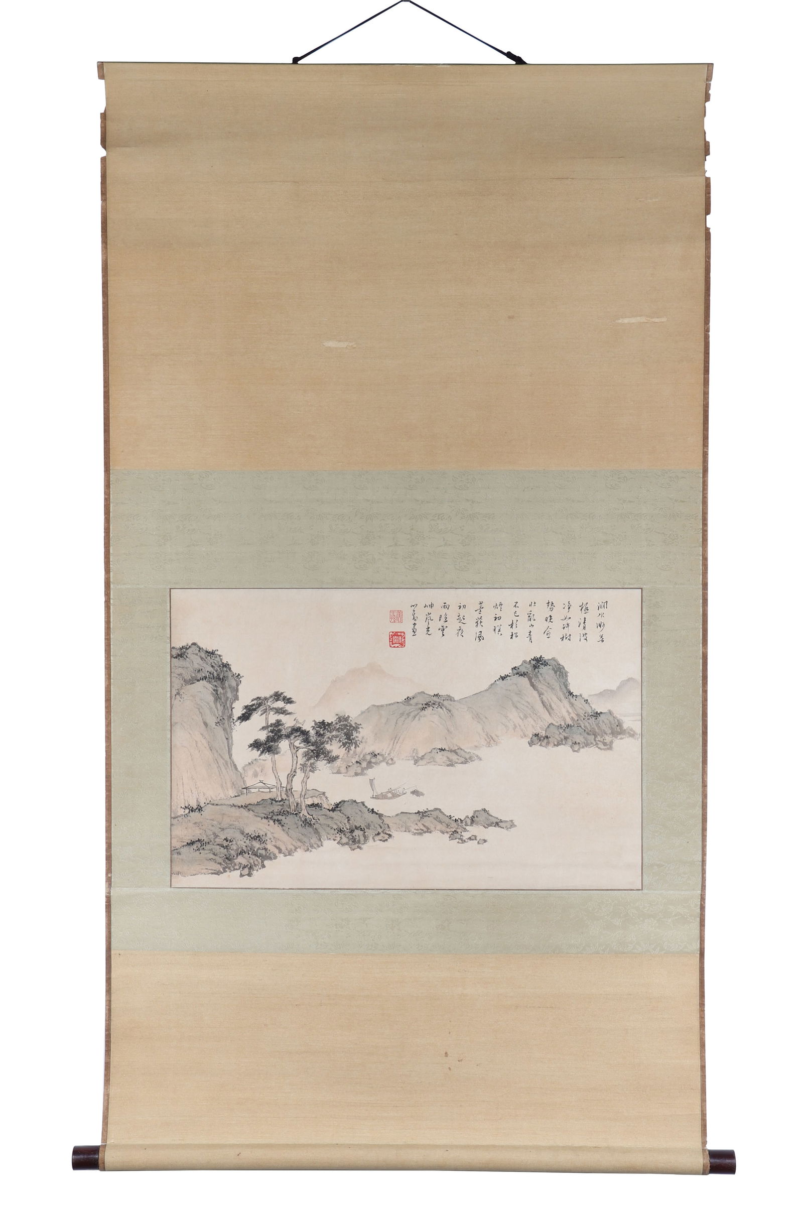 A Chinese Landscape Painting, Signed by Pu Ru: A Chinese landscape painting, signed by Pu Ru, featuring two seals. Drawing a scene of catch fish on the river in color on paper. Hanging scroll. H: 34cm W: 53.5cm (painting)