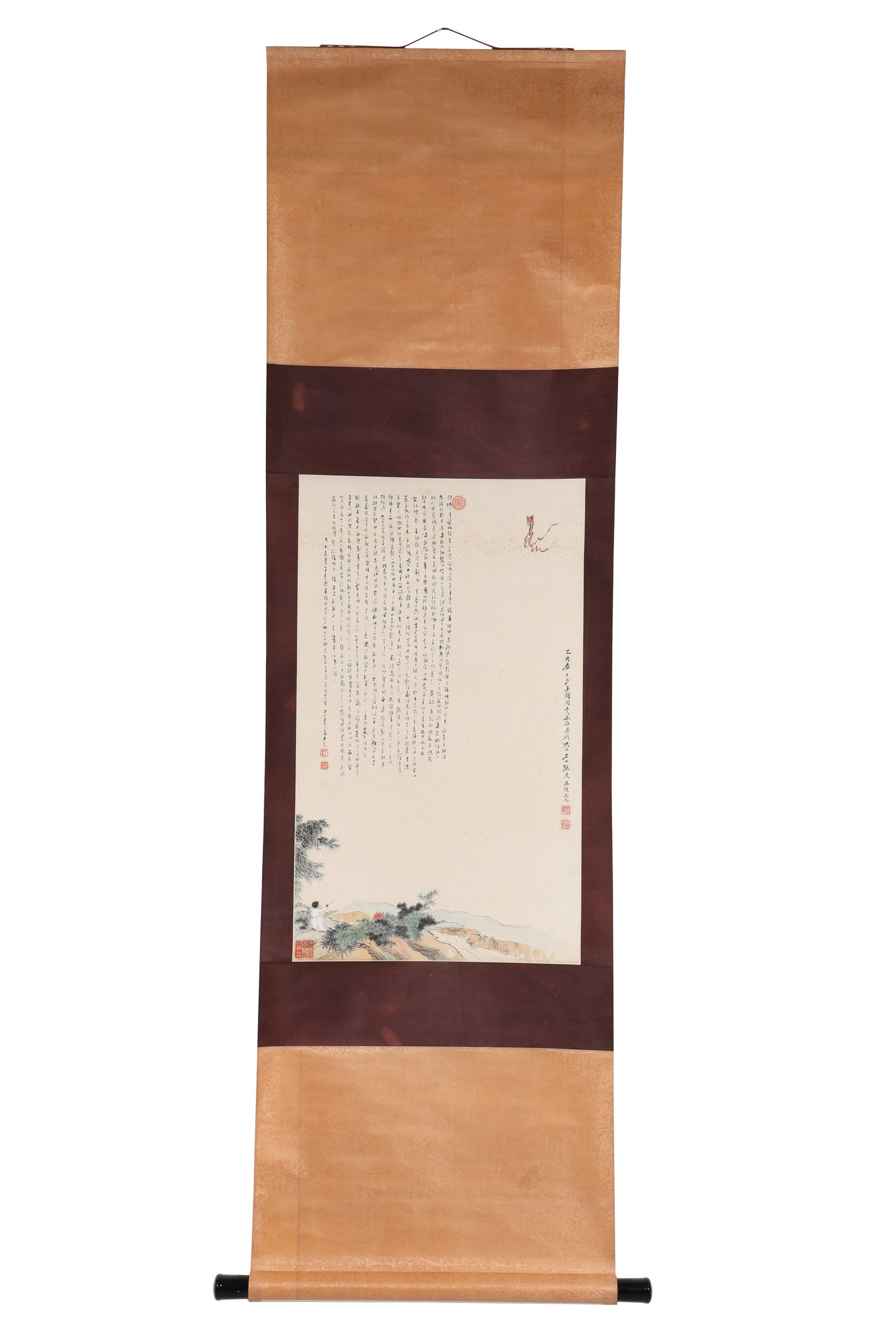 A Chinese Painting, Signed by Zhang Daiqian: A Chinese watercolor painting, signed by Zhang Daqian, featuring some seals. Drawing a scene of a child flying a kite, in color on paper. There is an inscription by Pu Ru on the painting. Hanging scro