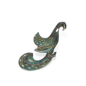 A copper hook inlaid with gold and silver