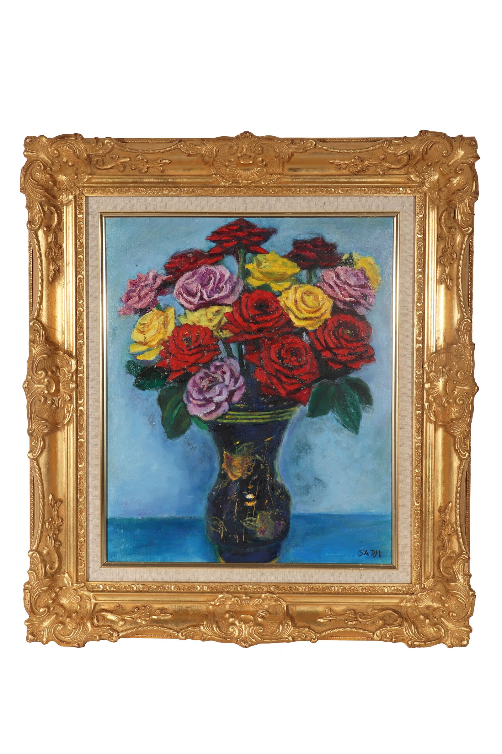 "ROSES IN A VASE", Signed by Sha Ji: A still life oil painting, signed by Sha Ji, drawing roses blooming in a vase on canvas with colored pigments. There are old tags with "BLUETT & SONS" and numbers, as well as old tags with collector "