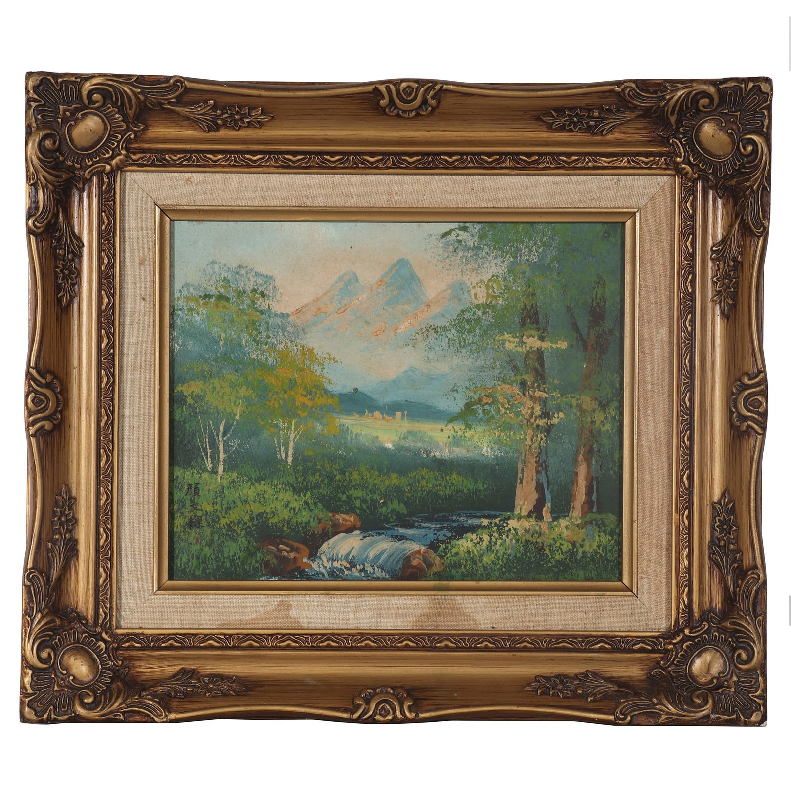 "GOLF TOURNAMENT", Signed by Yan Wenliang: A landscape oil painting, signed by Yan Wenliang, painting the scenery of the forest on canvas with colored pigments. There are old tags with "BLUETT & SONS" and numbers, as well as old tags with coll
