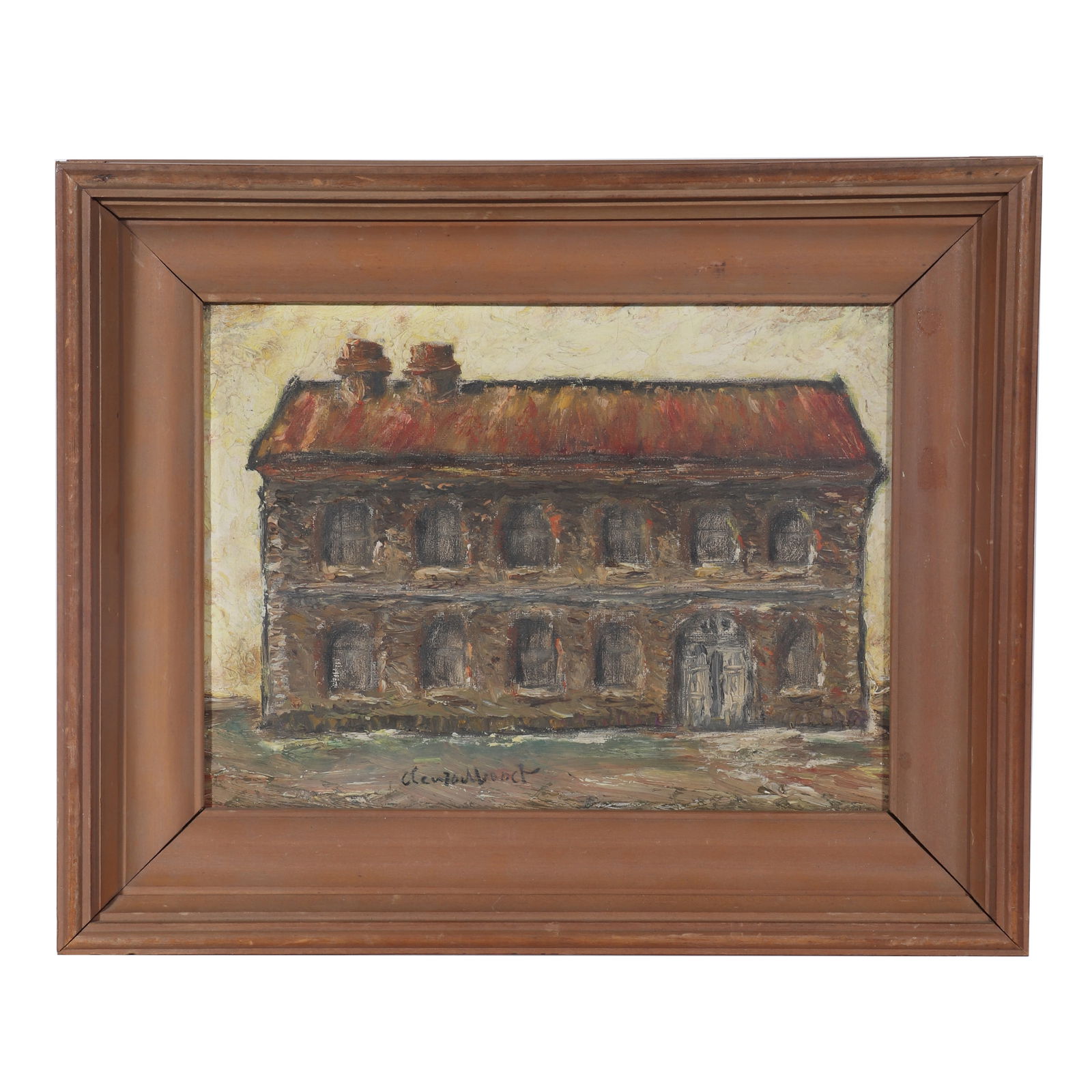 "HOUSE", Signed by Oscar Claude Monet: An architectural oil painting, signed by Oscar Claude Monet, drawing a house on canvas with colored paint. There are old tags with "BLUETT & SONS" and numbers, as well as old tags with collector "P. G