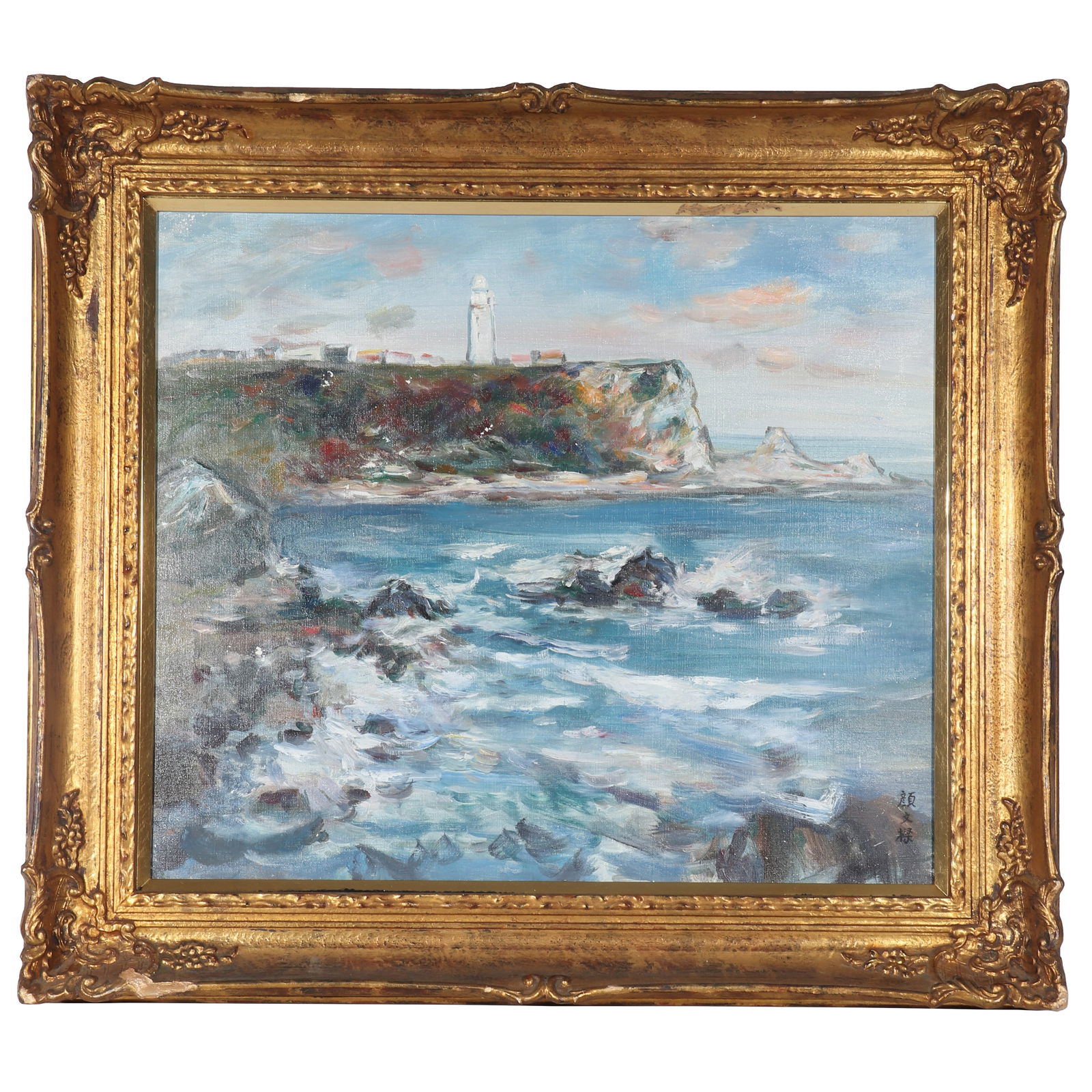 "COASTAL SCENERY", Signed by Yan Wenliang: A landscape oil painting, signed by Yan Wenliang, painting coastal buildings and landscapes on canvas with colored pigments. There are old tags with "BLUETT & SONS" and numbers, as well as old tags wi