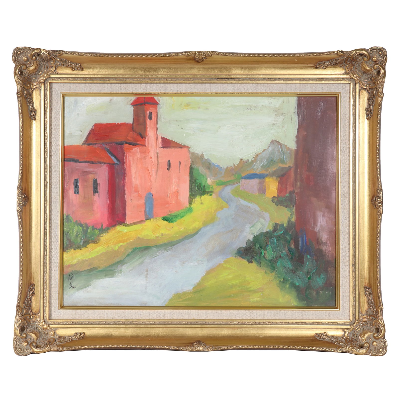 "RURAL CHURCH", Signed by Guan Liang: A landscape watercolor painting, signed by Guan Liang, drawing the red church and surrounding scenery on paper with colored pigments. There are old tags with "BLUETT & SONS" and numbers, as well as ol