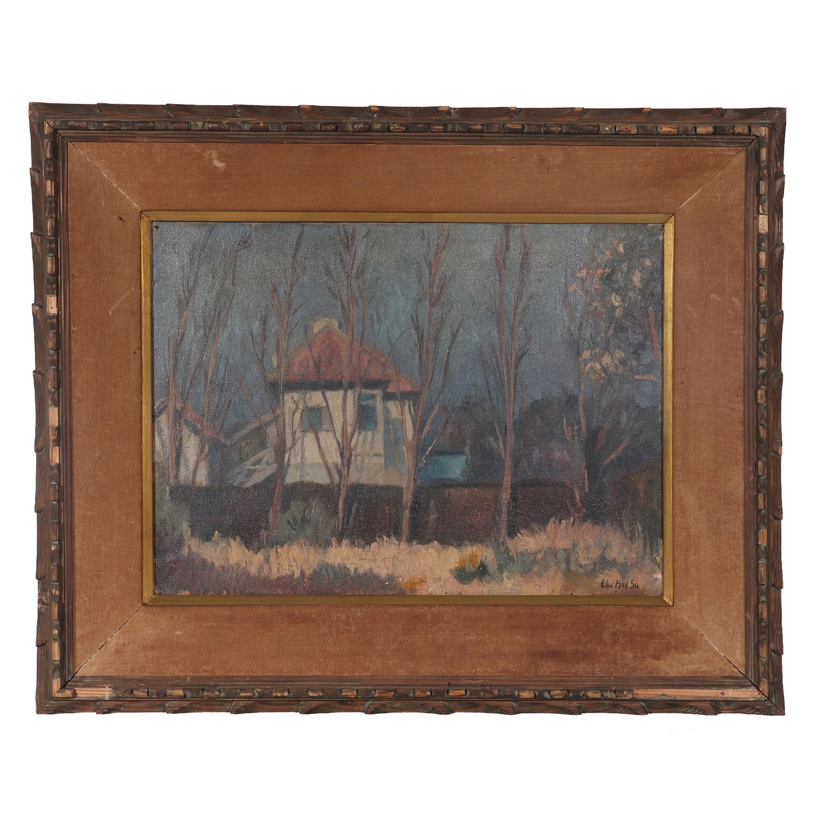 "THE HOUSE IN THE FOREST", Signed by Liu Haisu: A landscape oil painting, signed by Liu Haisu, drawing houses in the forest on canvas with colored pigments. There are old tags with "BLUETT & SONS" and numbers, as well as old tags with collector "P.