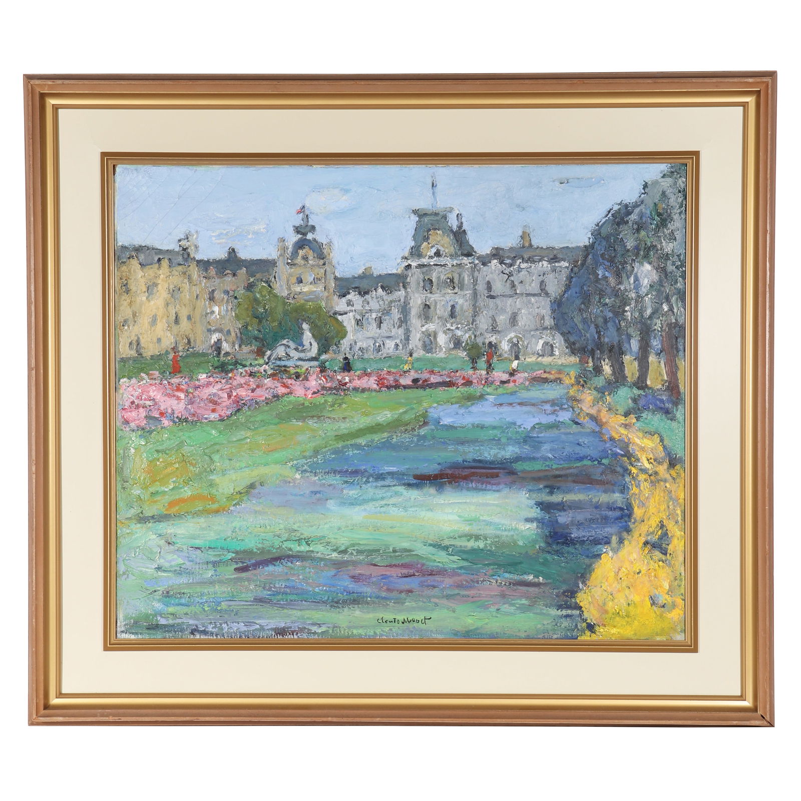 "PALACE OF FONTAINEBLEAU", Signed by Oscar Claude Monet: A landscape oil painting, signed by Oscar Claude Monet, using colored pigments to paint the scenery of Fontainebleau Palace and its surroundings on canvas. There are old tags with "BLUETT & SONS" and