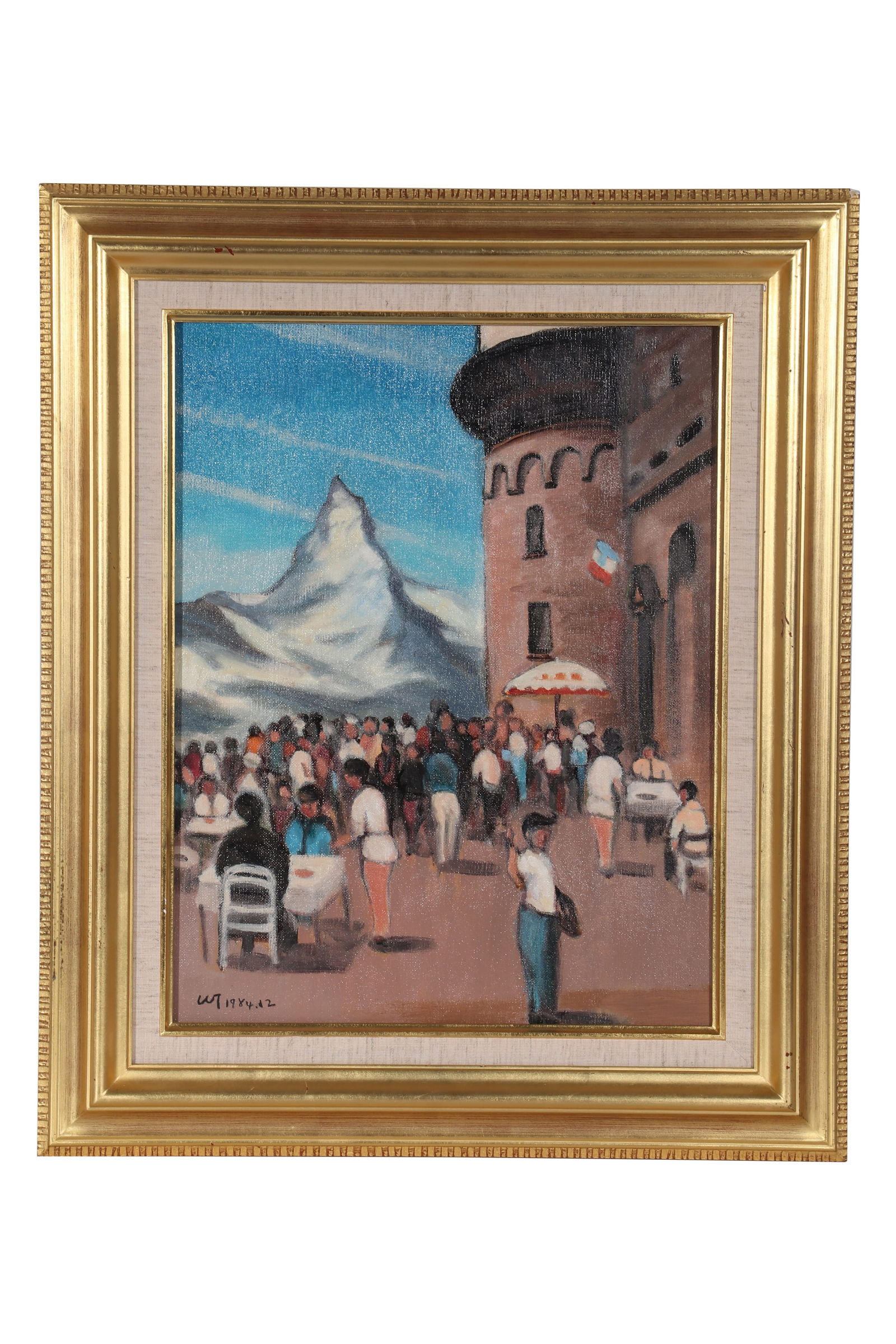 "A CEOWDED SQUARE", Signed by Chen Junde: A landscape oil painting, signed by Chen Junde, painting the square scene of many people on canvas with colored pigments. There are old tags with "BLUETT & SONS" and numbers, as well as old tags with
