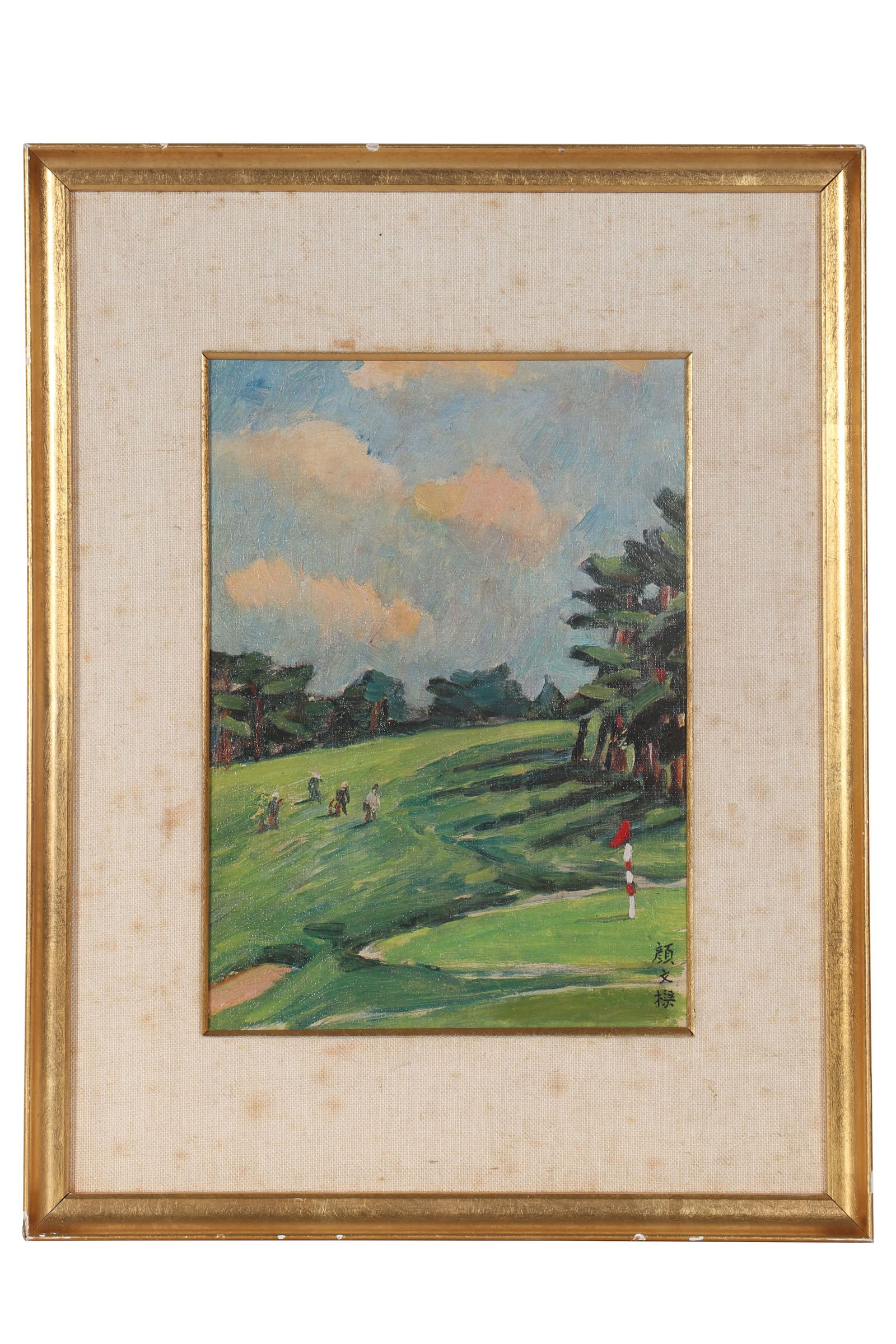 "THE SCENERY IN THE FOREST", Signed by Yan Wenliang: A landscape oil painting, signed by Yan Wenliang, drawing scenes of golf matches on canvas with colored pigments. There are old tags with "BLUETT & SONS" and numbers, as well as old tags with