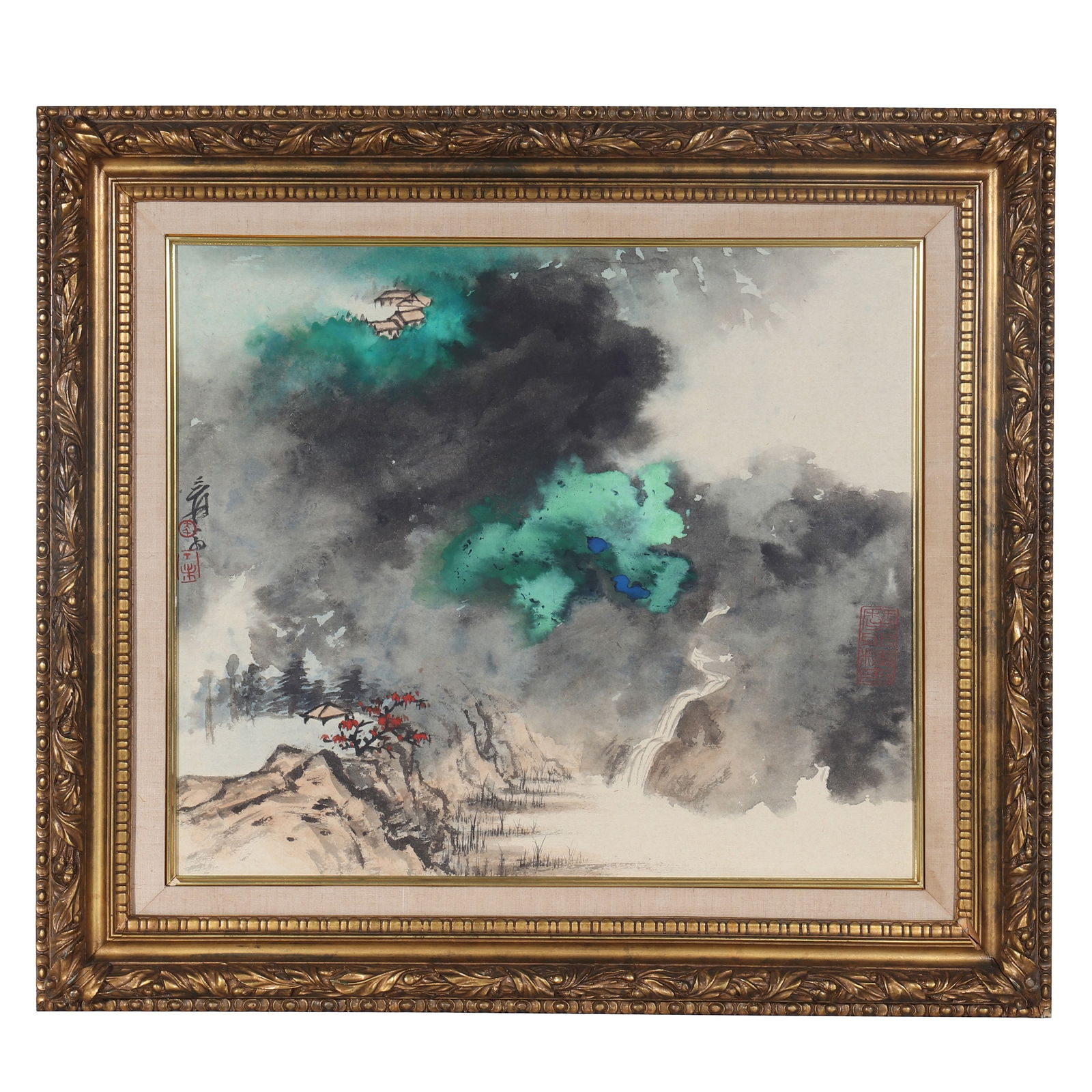 "GREEN MOUNTAIN WATERFALL", Signed by Zhang Daqian: A splashed color landscape painting, signed by Zhang Daqian, drawing landscape scenery on paper with ink and colored pigments. There are old tags with "BLUETT & SONS" and numbers, as well as old tags