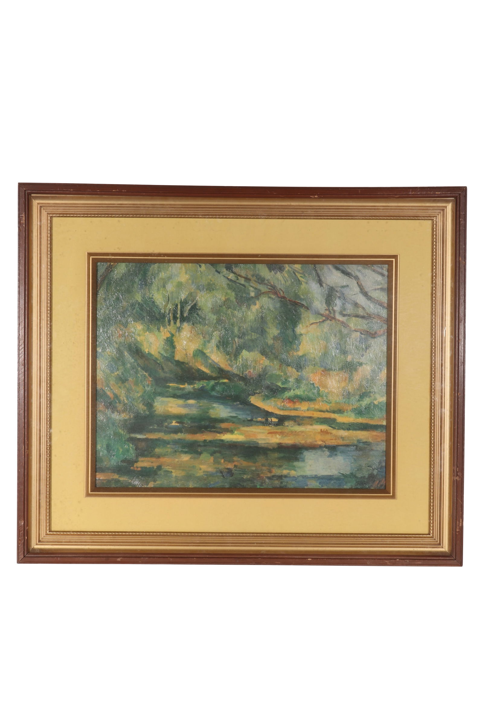 "LANDSCAPE WITH BROOK", Signed by Paul Cezanne: A watercolor painting, signed by Paul Cezanne, draw the stream landscape in color. There are old tags with "BLUETT & SONS" and numbers, as well as old tags with collector "P. Guggenheim". Mounted in