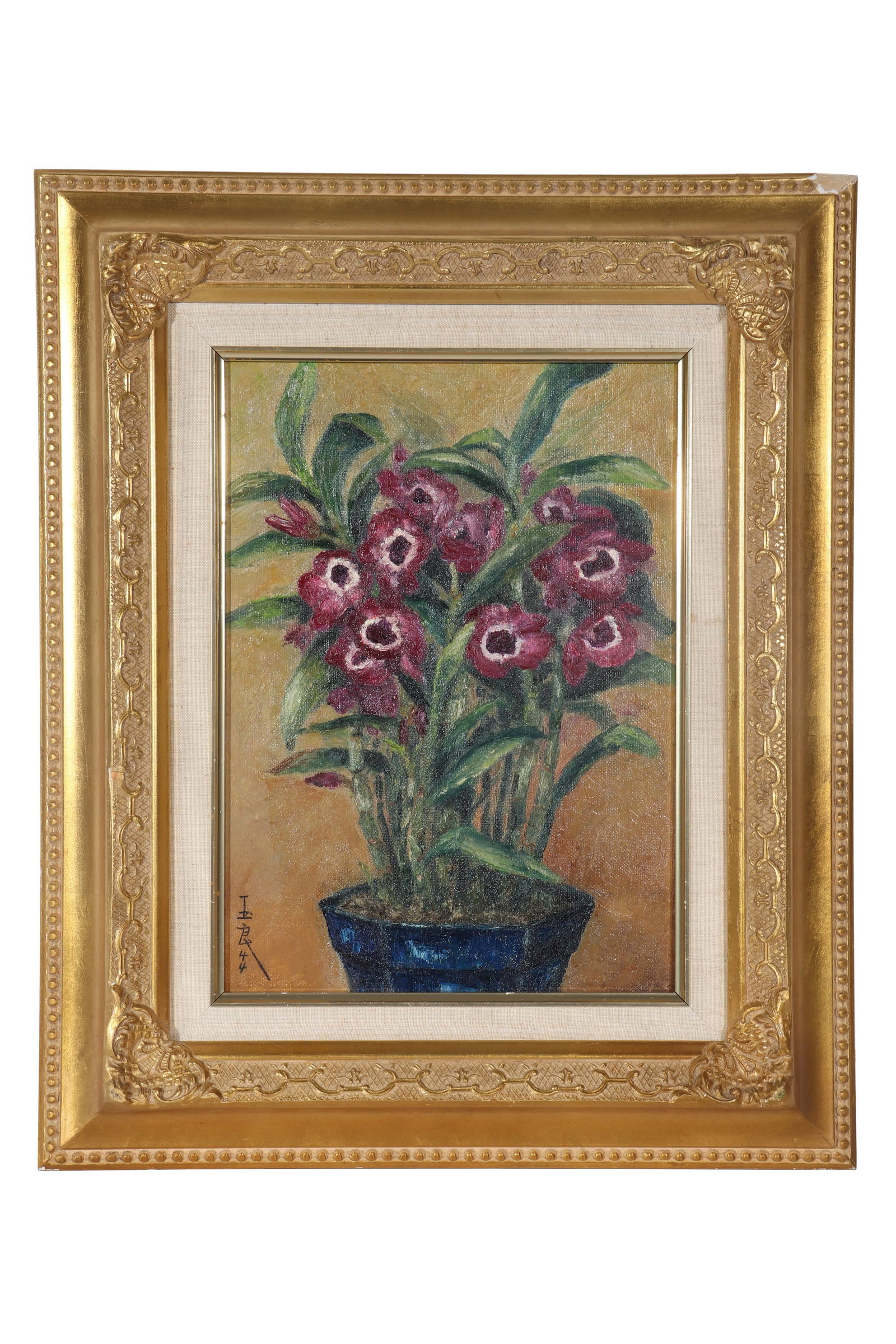 "BLOOMING FLOWERS", Signed by Pan Yuliang: A still life oil painting, signed by Pan Yuliang, painting blooming flowers on canvas with colored pigments. There are old tags with "BLUETT & SONS" and numbers, as well as old tags with collector