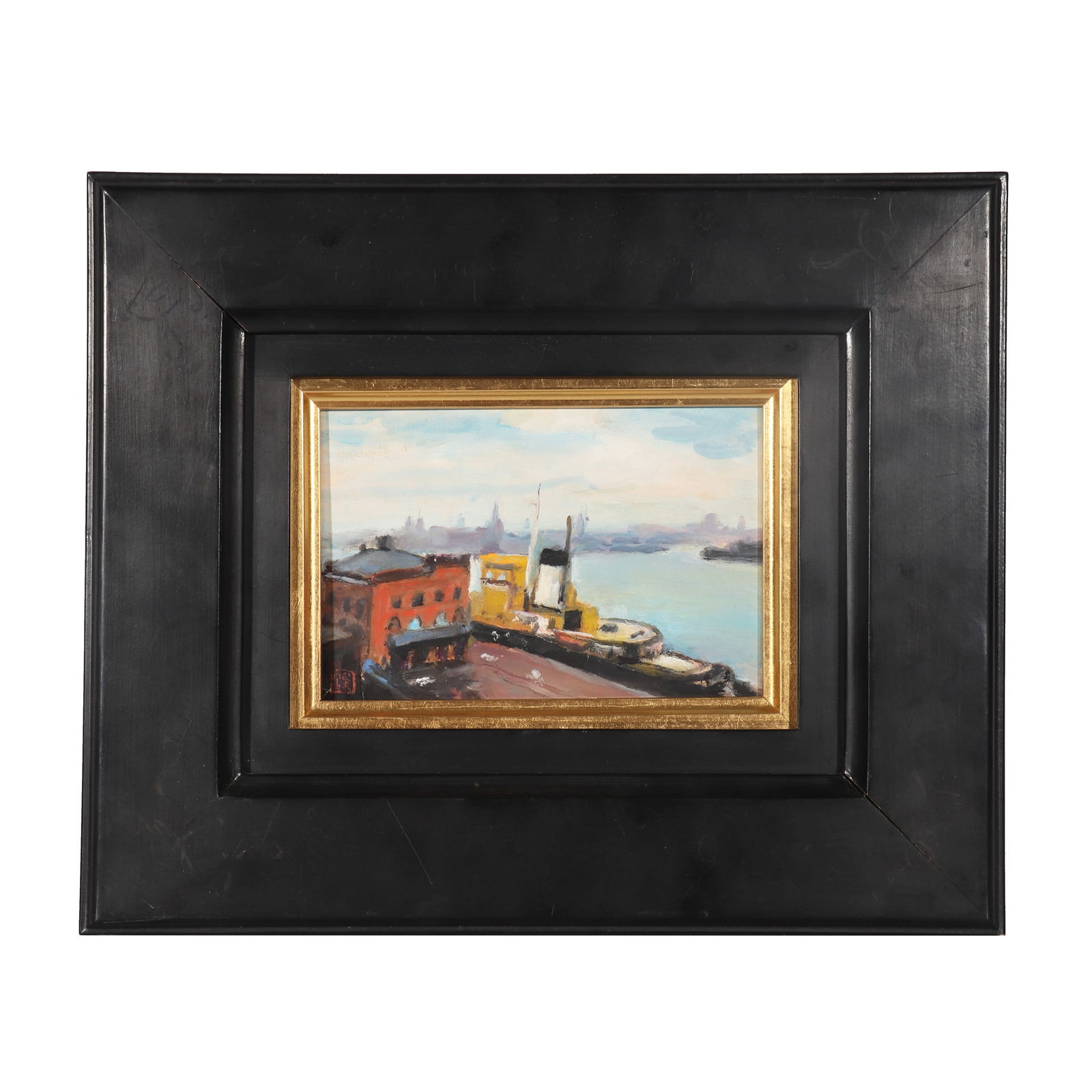 "THE SHIP DOCKED AT THE SHORE", Signed by Yan Wenliang: A watercolor painting, signed by Yan Wenliang, draw the scenery of the ship docked at the shore on cardboard in color. There are old tags with "BLUETT & SONS" and numbers, as well as old tags with