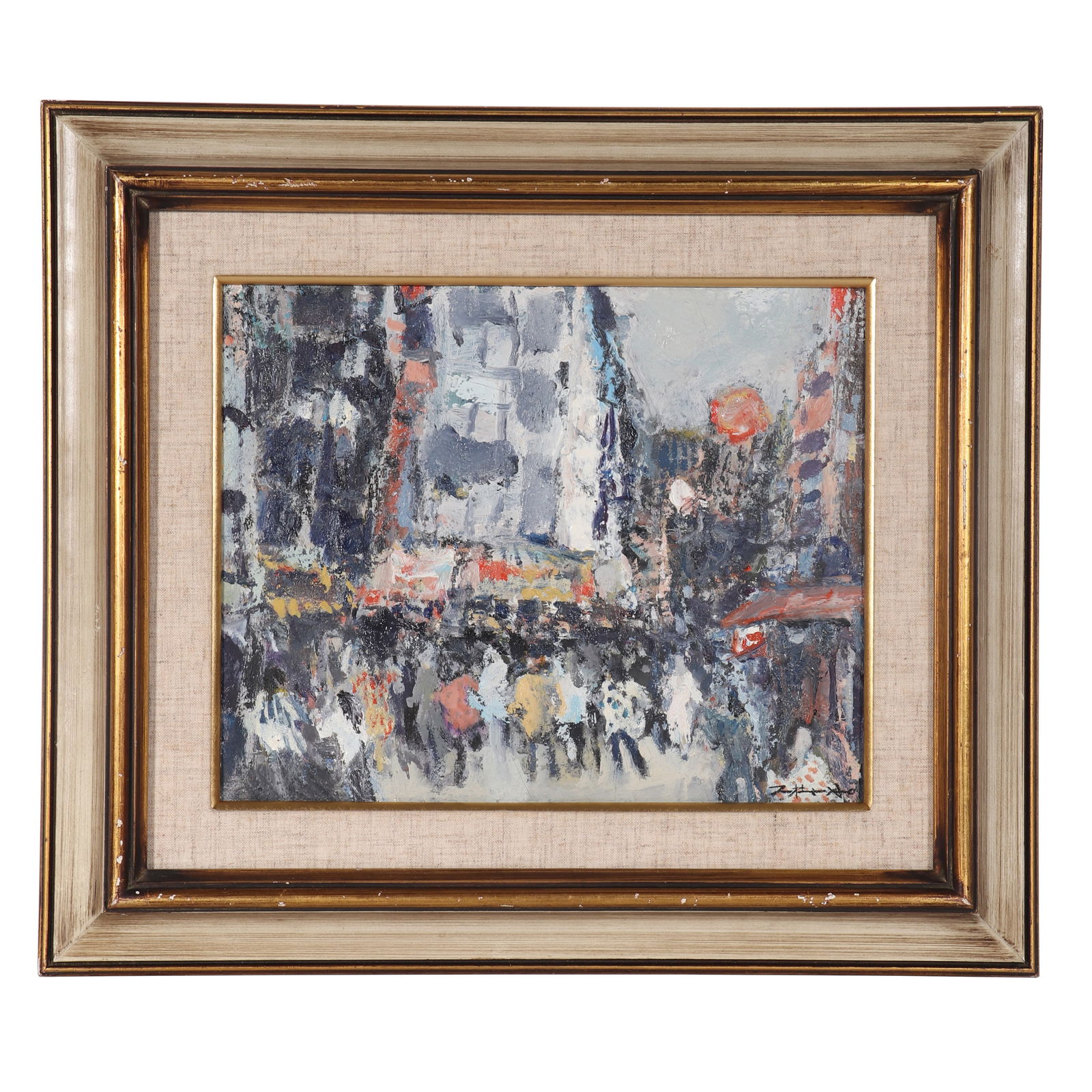 "STREET SCENERY", Signed by Zhao Wuji: A street landscape oil painting, signed by Zhao Wuji, painting lively street scenery on canvas with paint. There are old tags with "BLUETT & SONS" and numbers, as well as old tags with collector "P. G