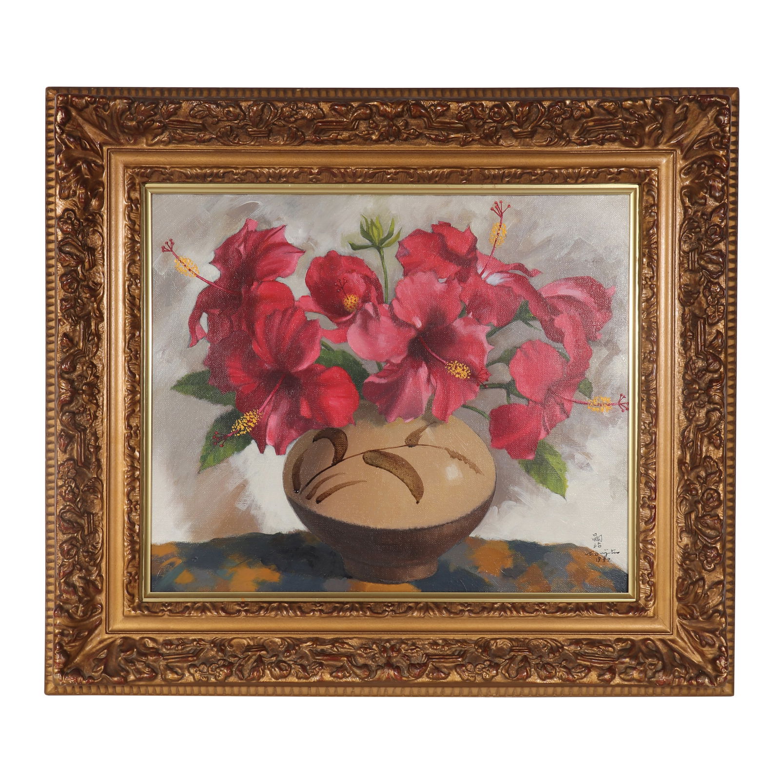 "COTTON ROSE", Signed by Tsuguharu Fujita: A still life oil painting, signed by Tsuguharu Fujita, using colored pigments to paint the blooming hibiscus flowers in a vase on canvas. There are old tags with "BLUETT & SONS" and numbers, as well a