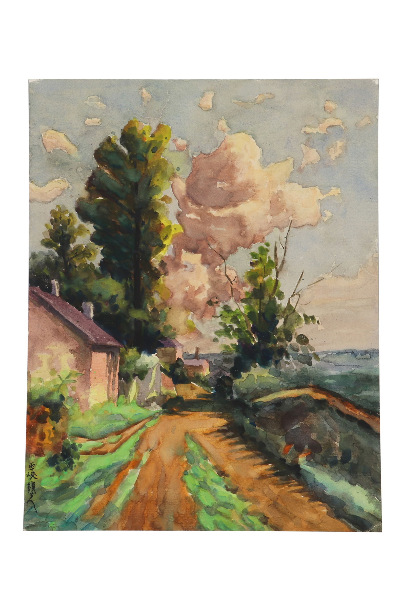 A Landscape Oil Painting, Signed by Li Tiefu: A landscape oil painting, signed by Li Tiefu. The painting depicts a rural road with houses and trees on both sides, and clouds floating in the sky. H:41cm W:32cm