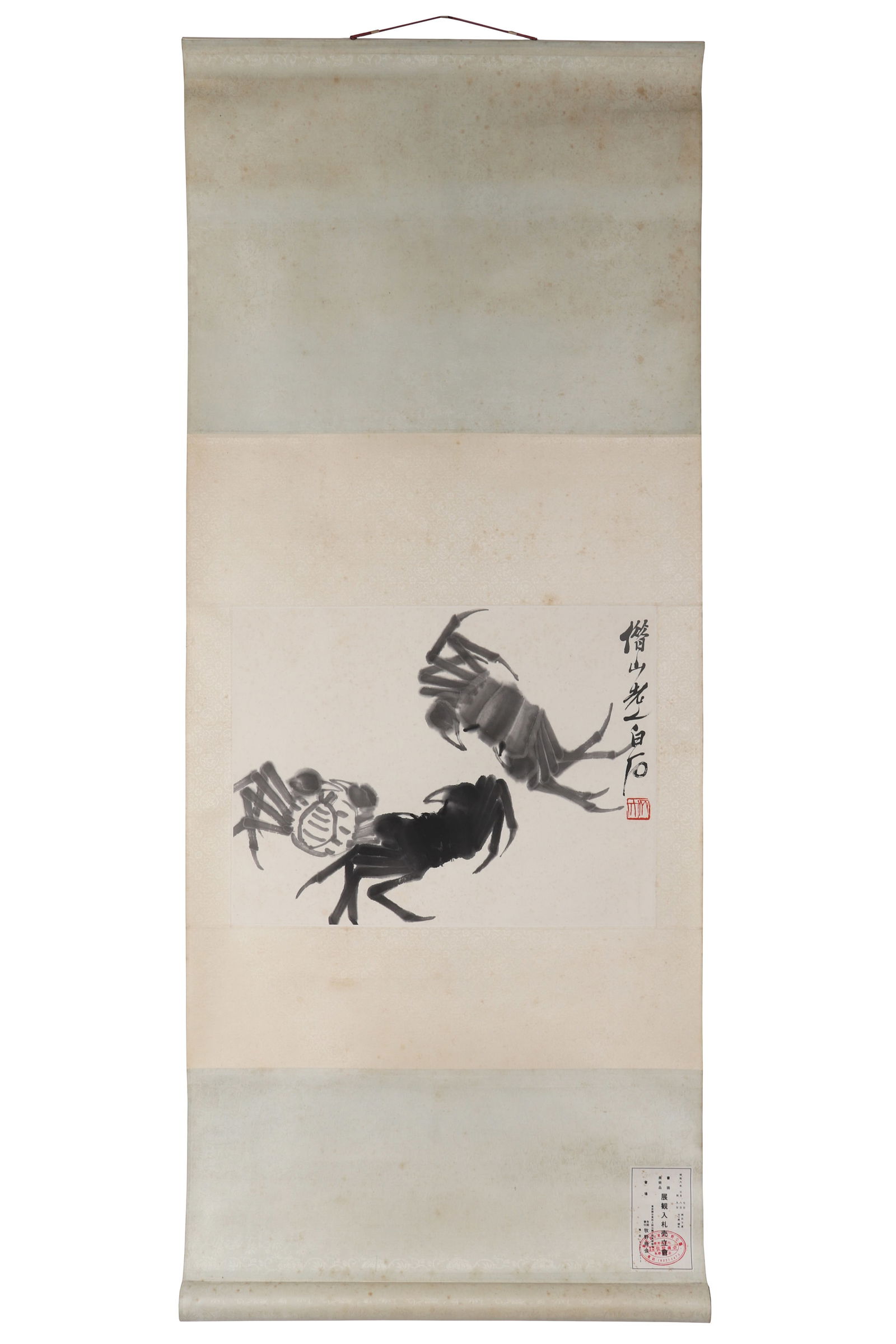 A Ink Wash Crab Painting, Signed by Qi Baishi: A ink wash crab painting, signed by Qi Baishi, featuring a seal. Drawing some crabs on paper with ink. This item has the label of "Makino Chamber of Commerce" and an ancient invoice. Hanging scroll. H