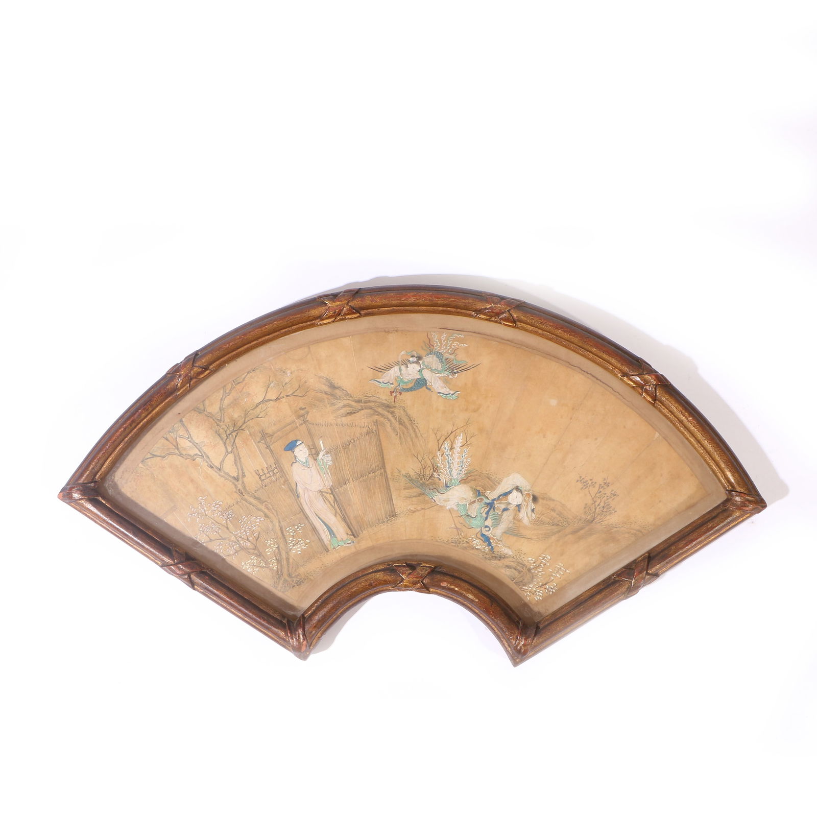 A Chinese Fan Painting: A Chinese fan depicting a young man meeting two fairies in color on paper. The fan is mounted in a frame. H:16cm W:46cm (painting)