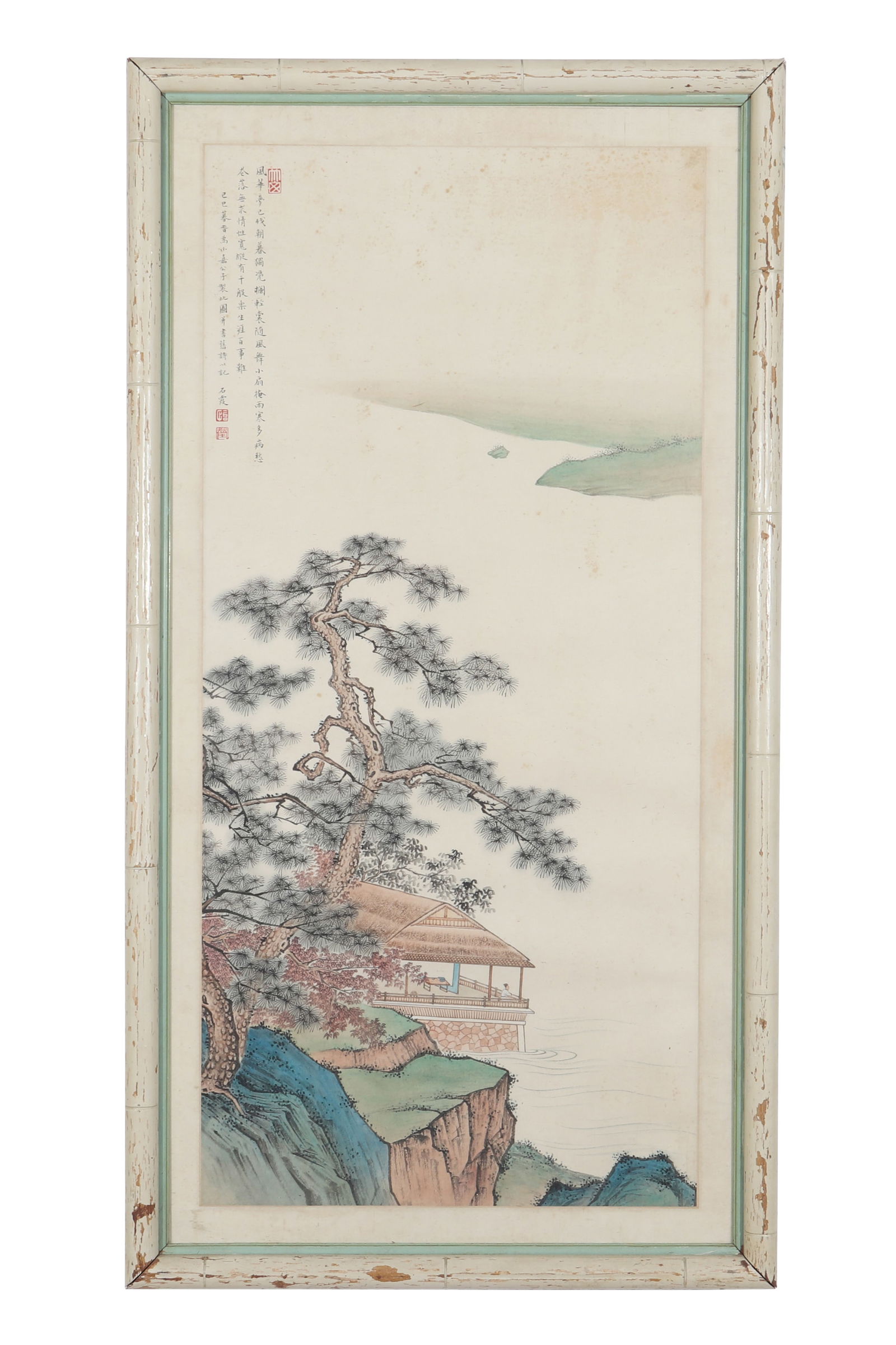 A Landscape With Pavilion Painting, Signed by Tang Shixia: A Chinese landscape painting, signed by Tang Shixia, featuring three seals. Drawing a scene of a person looking at the river in a pavilion by the shore, with rocks and pine trees by the shore.
