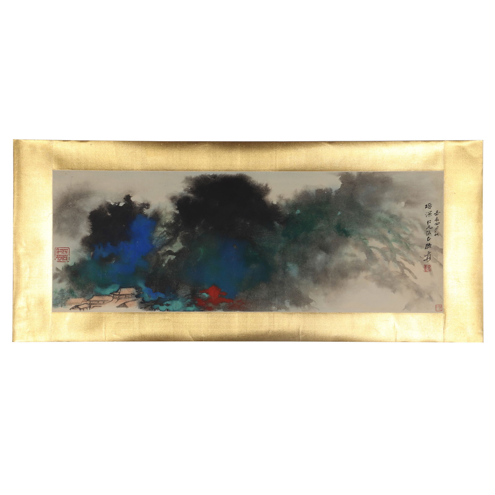 A Splashed Color Landscape Painting, Signed by Zhang Daqian: A splashed color landscape painting, Signed by Zhang Daqian, featuring three seals, drawing landscapes on golden paper in ink and color. There is a work introduction and the label of "Kanazawa Art Clu