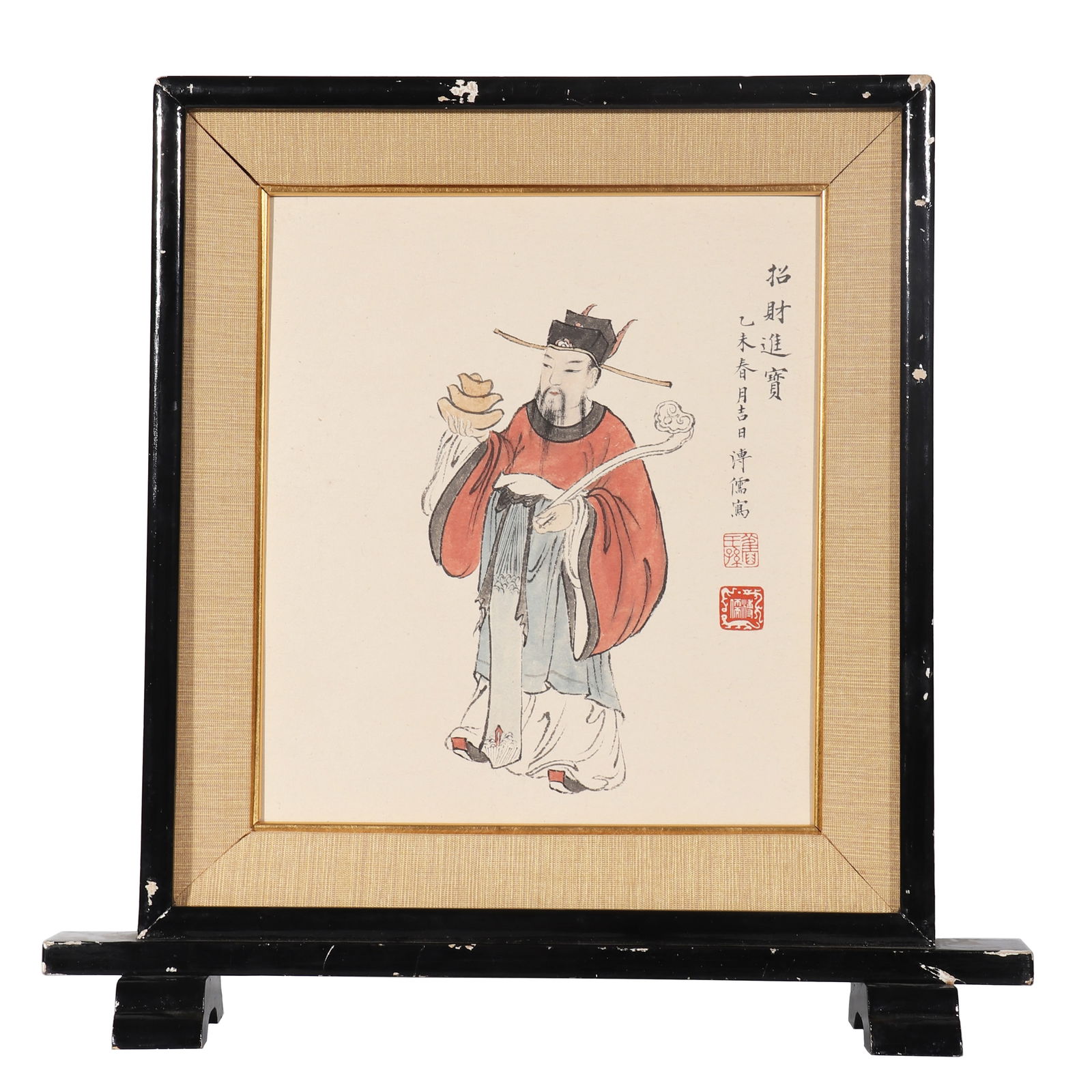 A Painting of the God of Wealth, Signed by Pu Ru: A painting of the God of Wealth, signed by Pu Ru, featuring two seals. Drawing a portrait of the Chinese God of Wealth on paper with colored pigments, symbolizing wealth. Mounted in a wooden frame. H: