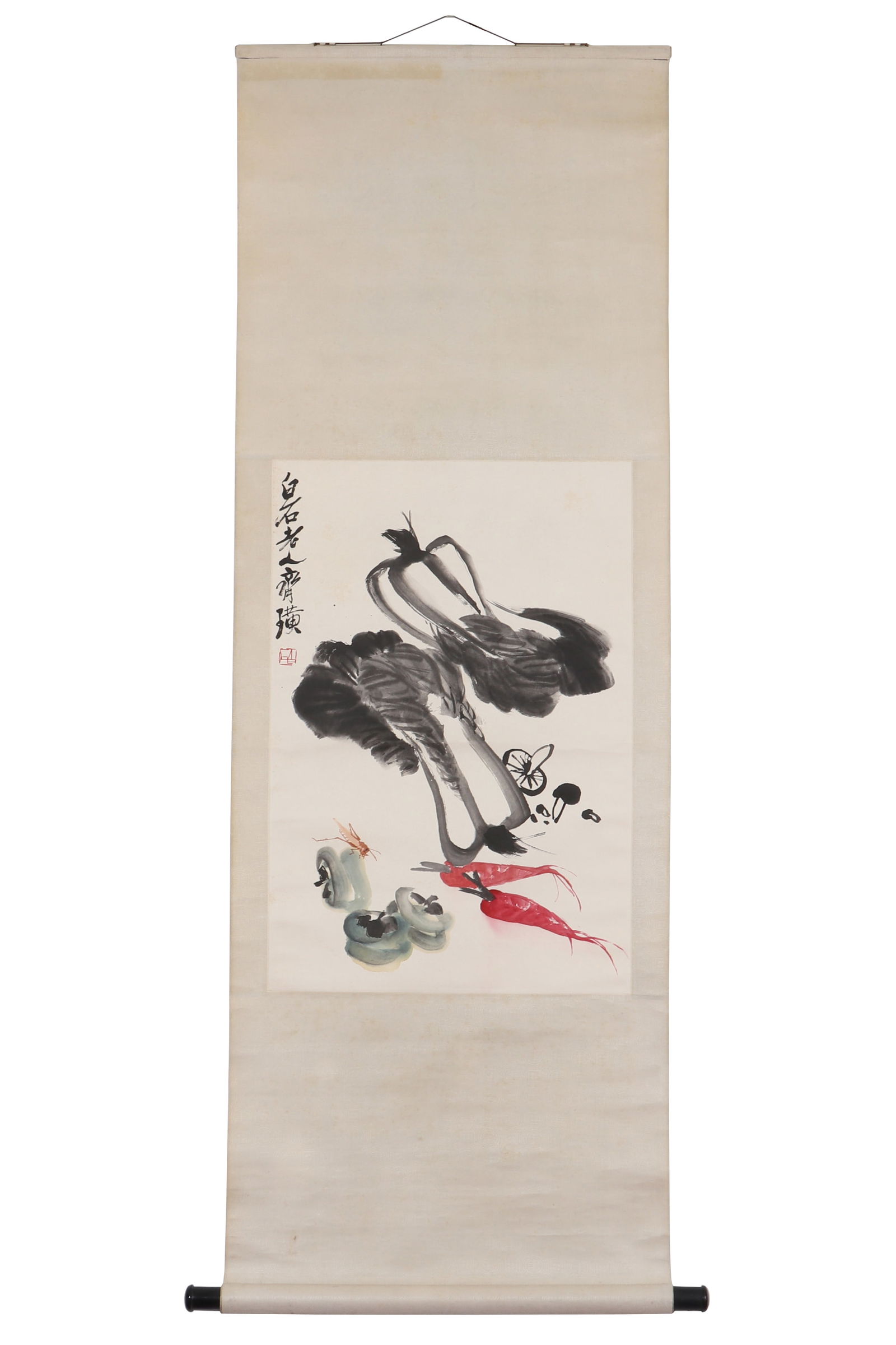 A Chinese Painting, Signed by Qi Baishi: A Chinese painting, Signed by Qi Baishi, featuring a seal. Drawing some vegetables, fruits, and insects on paper in color. Hanging scroll. H: 67cm W: 45cm (painting)