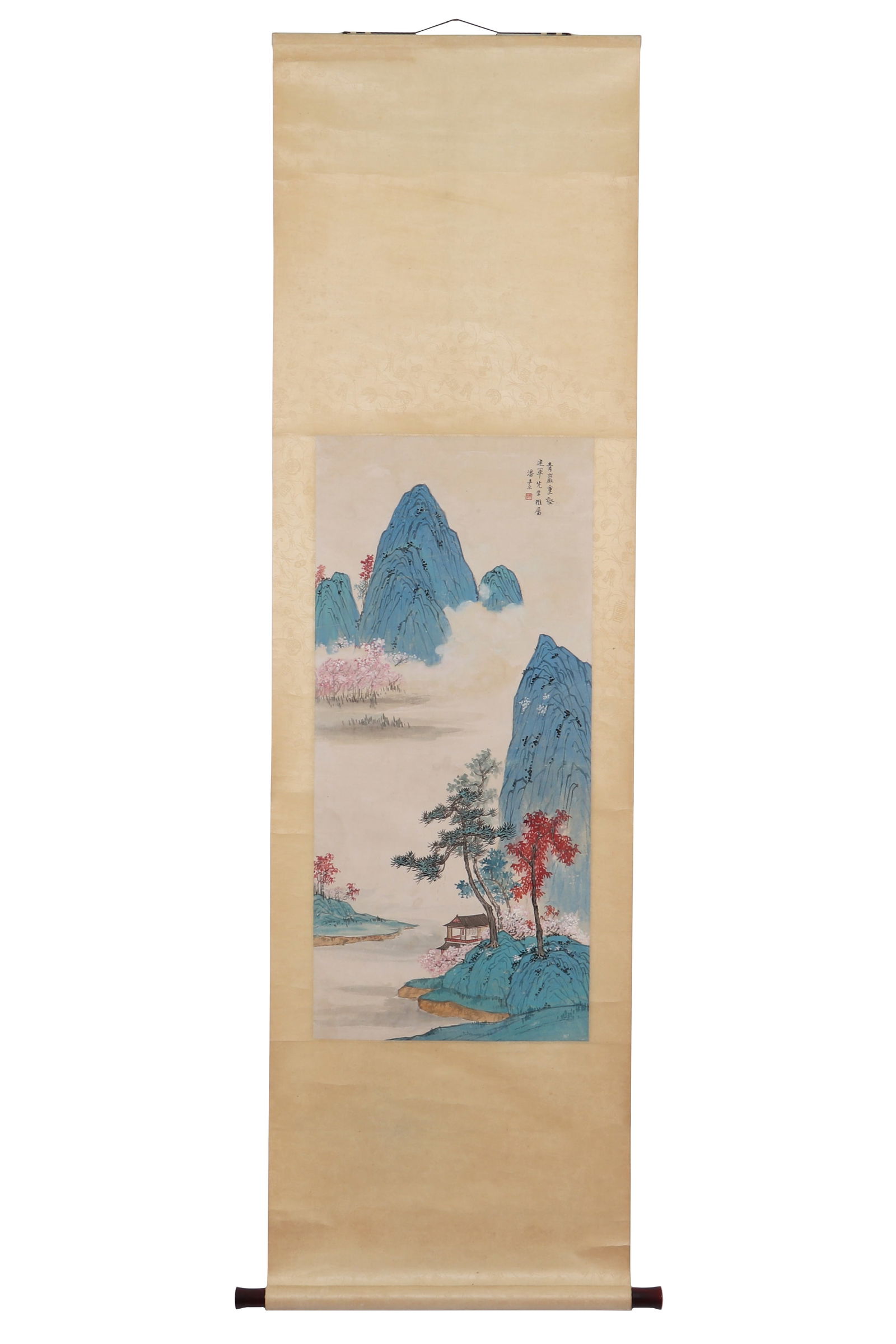 A Chinese Landscape Painting, Signed by Pan Su: A Chinese landscape painting, signed by Pan Su, featuring a seal. Drawing landscapes,trees and pavilions on paper in color. Hanging scroll. H: 84cm W: 38.5cm (painting)