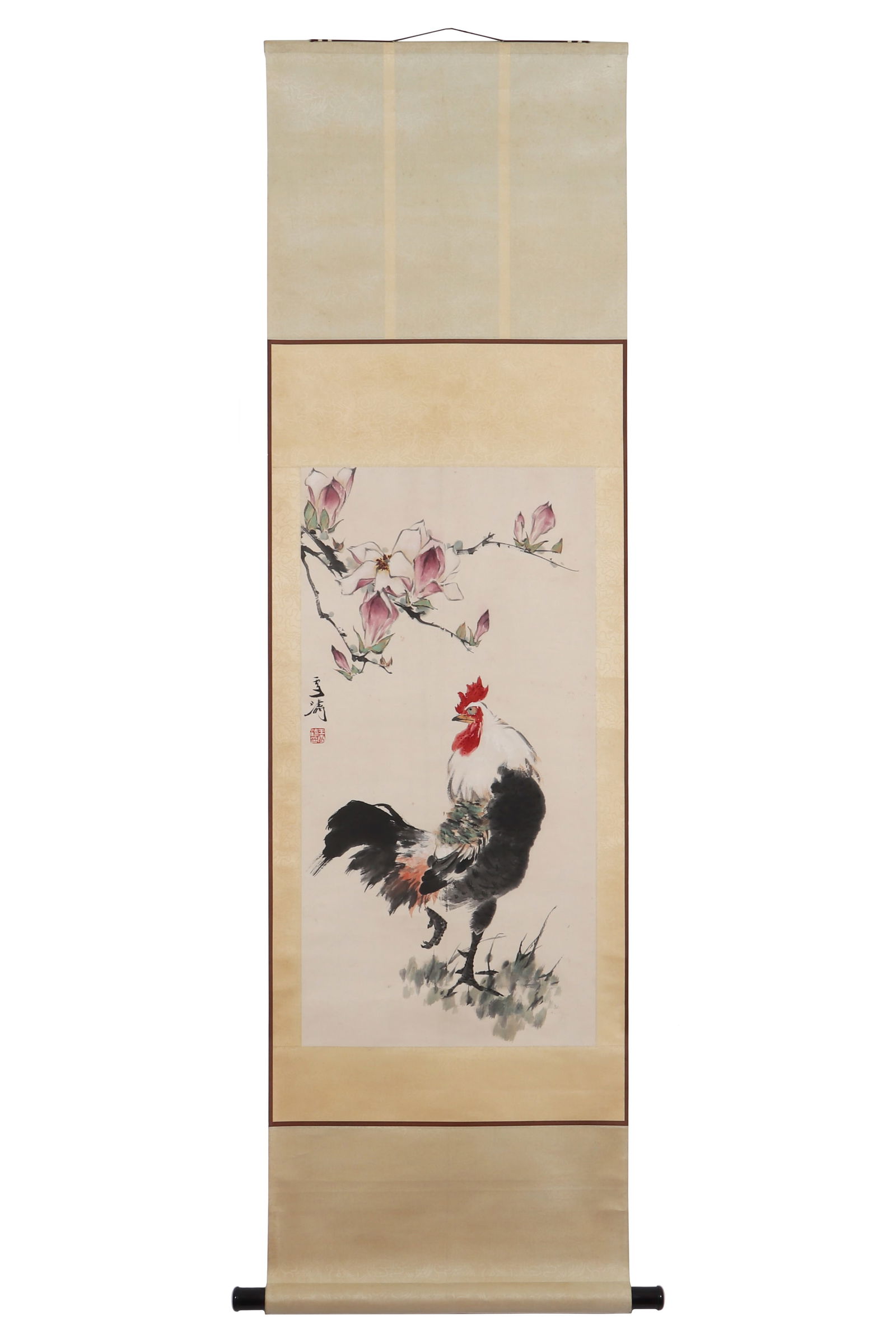 A Colorful Rooster Painting, Signed by Wang Xuetao: A colorful rooster painting, signed by Wang Xuetao, featuring a seal. Drawing a rooster standing under a magnolia tree in color on paper, symbolizing good luck. Hanging scroll. H: 79cm W: 40cm (painti