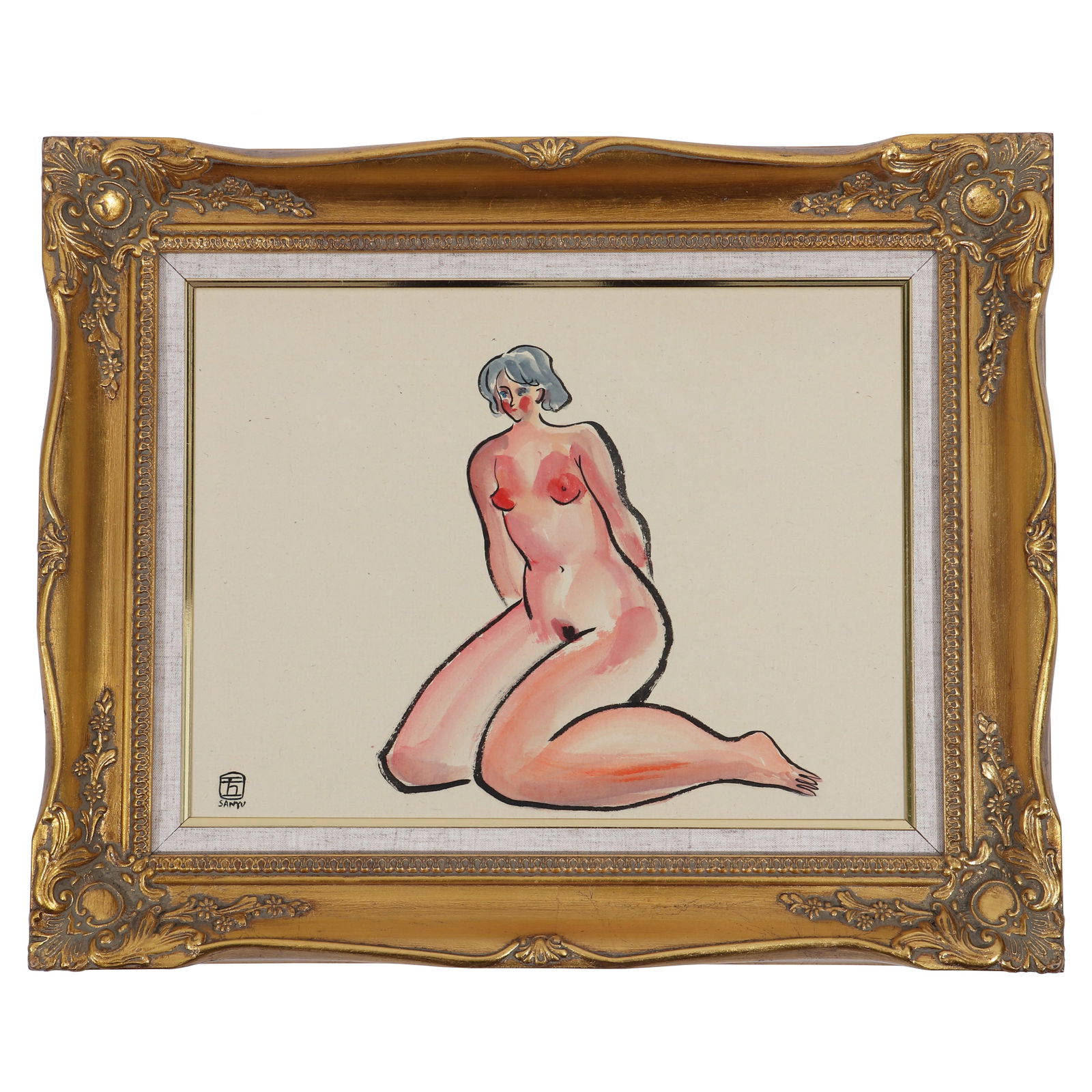 A Portrait Painting, Signed by Sanyu: A portrait painting, signed by Sanyu, drawing a side sitting naked woman on paper in color. The back of the painting has some old labels from "GALERIE YVONLAMBERT" and a label from collector "JEAN-CLA