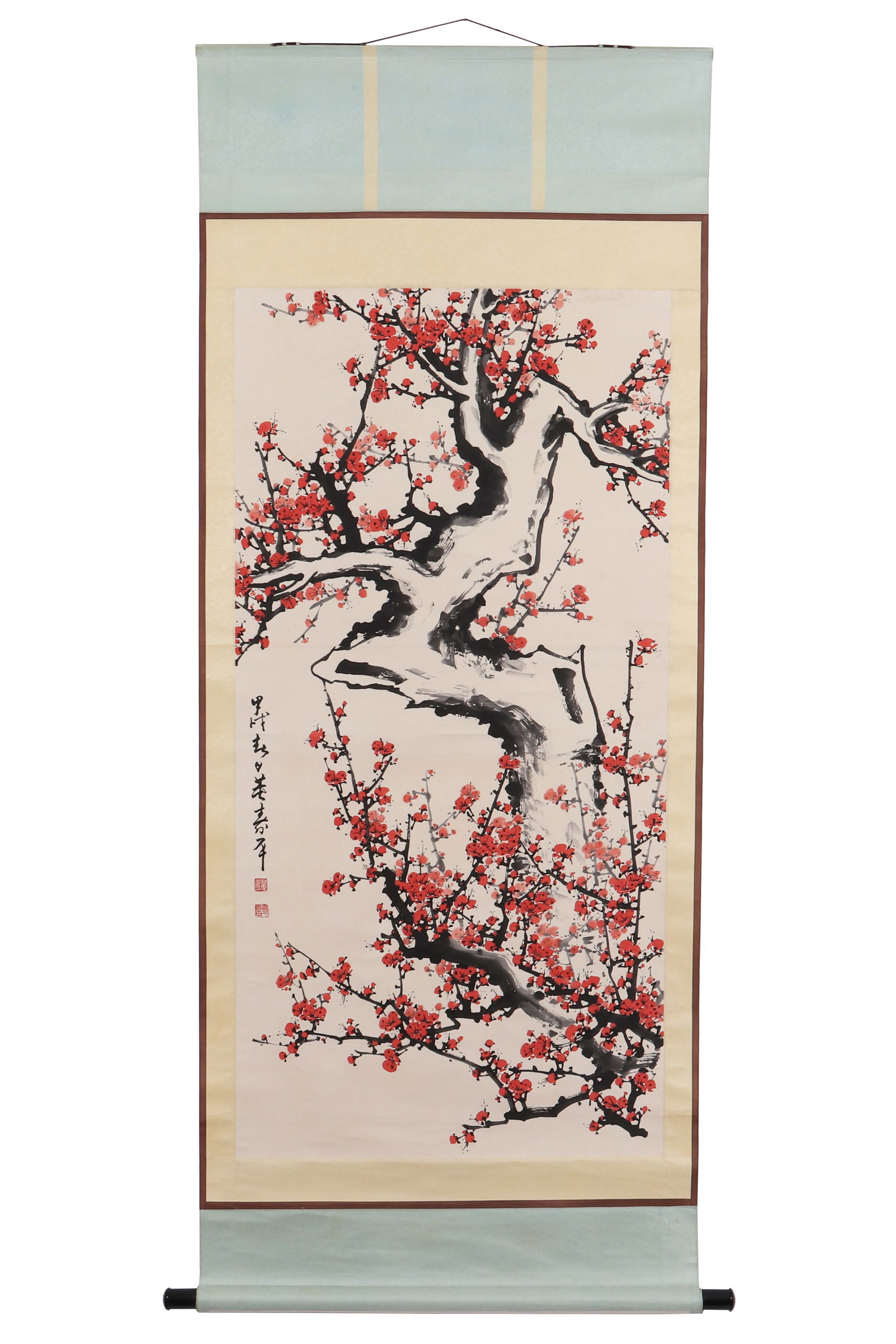 A Chinese Floral Painting, Signed by Dong Shouping: A Chinese floral painting, signed by Dong Shouping, featuring two seals. Drawing tree trunks and some red plum blossoms on paper in color. Hanging scroll. H: 125cm W: 62cm (painting)